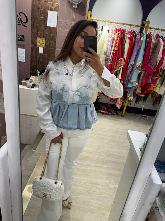 Trendy Two-Piece Shirt with Embellished Denim Jacket Top Set