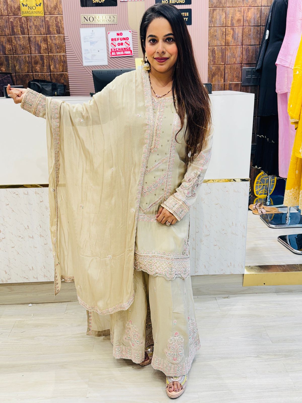 Elegant Beige Embroidered Stitched Suit