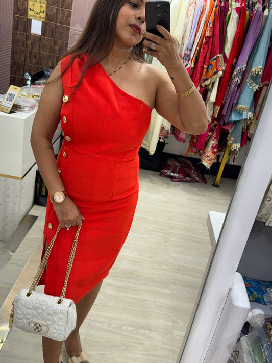 Red One-Shoulder Bandage Dress with Gold Button Detailing