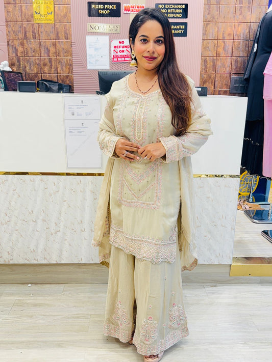 Elegant Beige Embroidered Stitched Suit