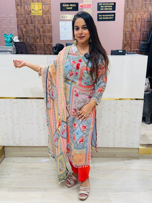 Butterfly Mosaic Print Suit Set with Red Pants