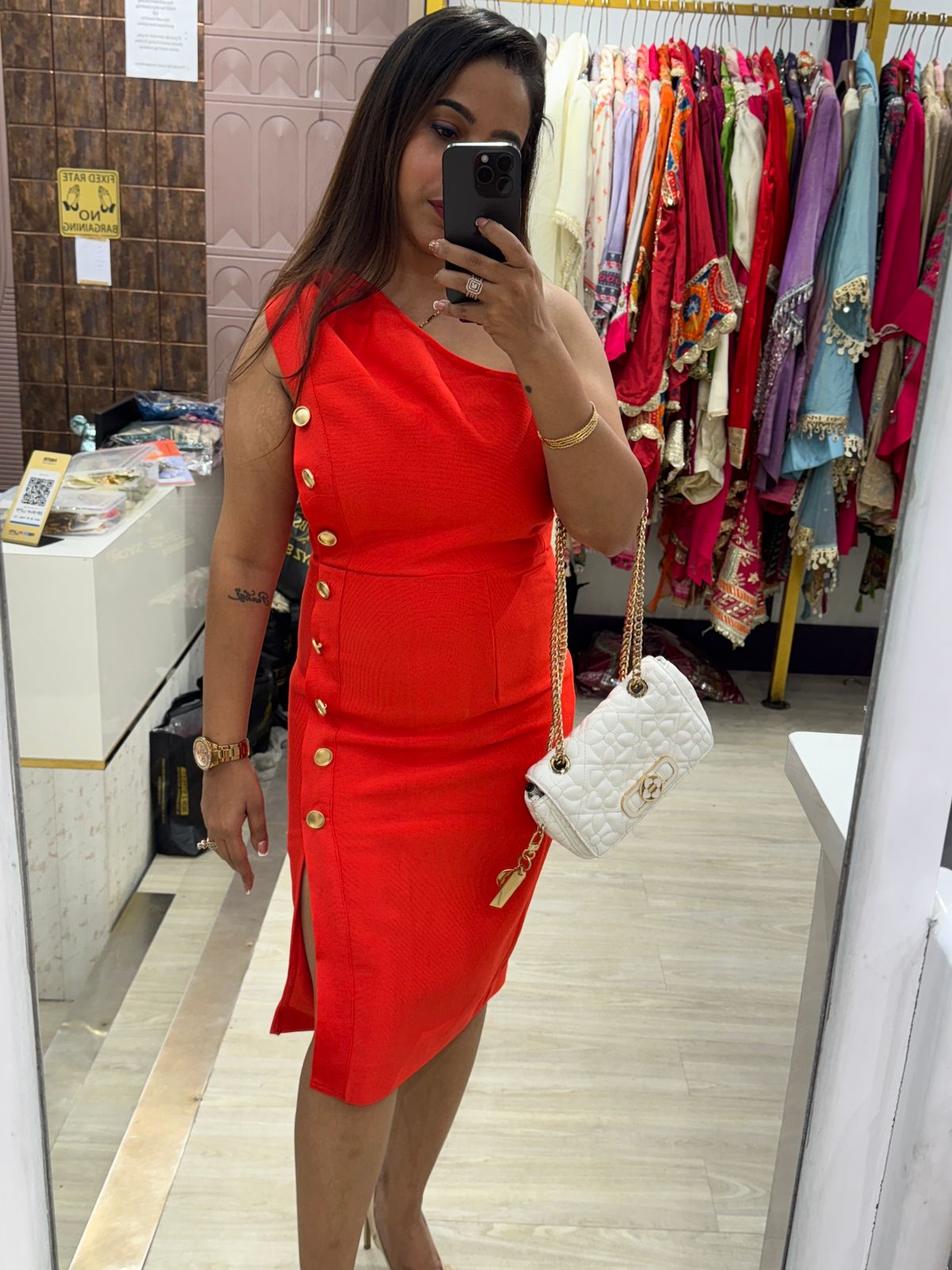 Red One-Shoulder Bandage Dress with Gold Button Detailing