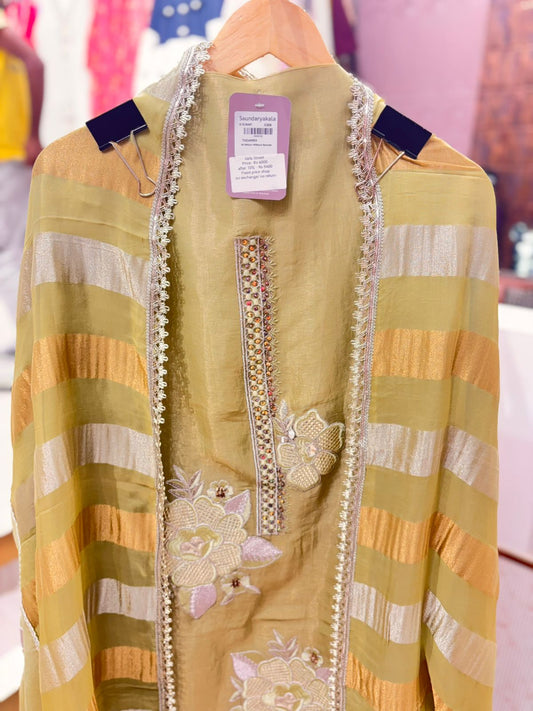 Mehendi Green Unstitched Suit with Embroidery & Striped Dupatta