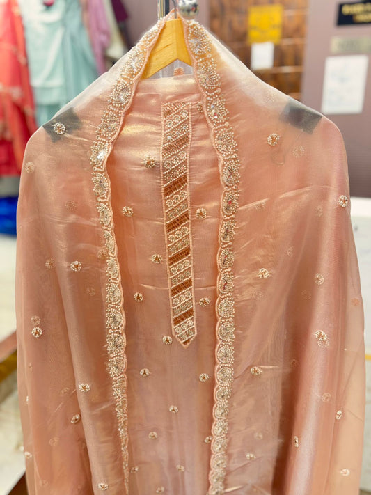 Peachish Pink Unstitched Suit Set with Dupatta