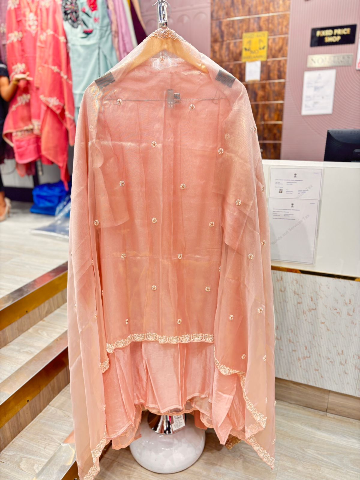 Peachish Pink Unstitched Suit Set with Dupatta