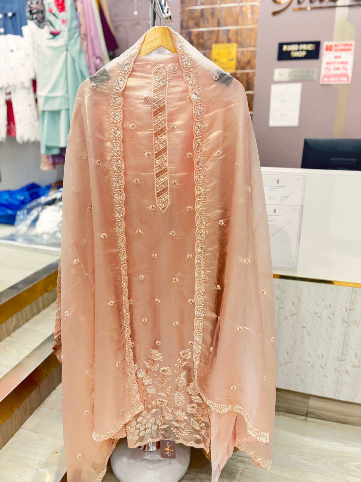 Peachish Pink Unstitched Suit Set with Dupatta