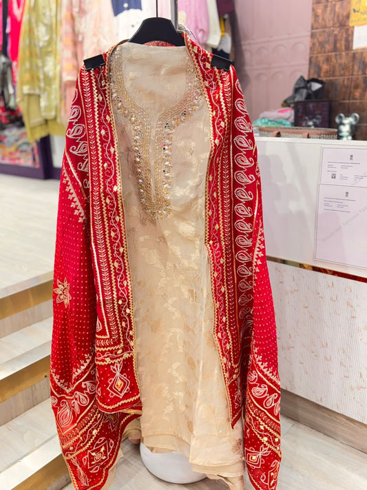 Elegant Unstitched Jacquard Suit with Bandhej Dupatta