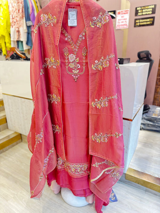 Peach Pink Unstitched Embroidered Suit with Dupatta