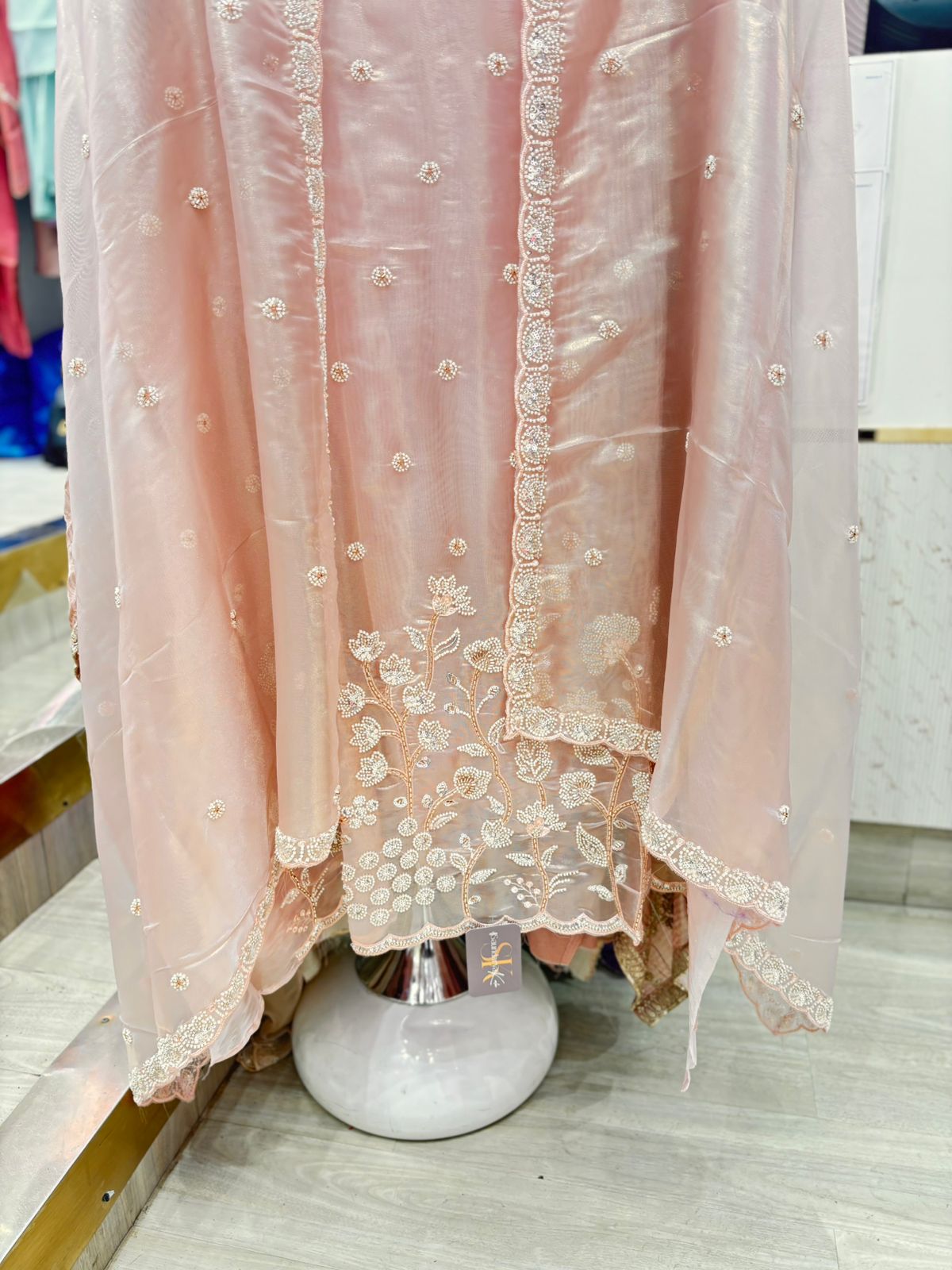 Peachish Pink Unstitched Suit Set with Dupatta