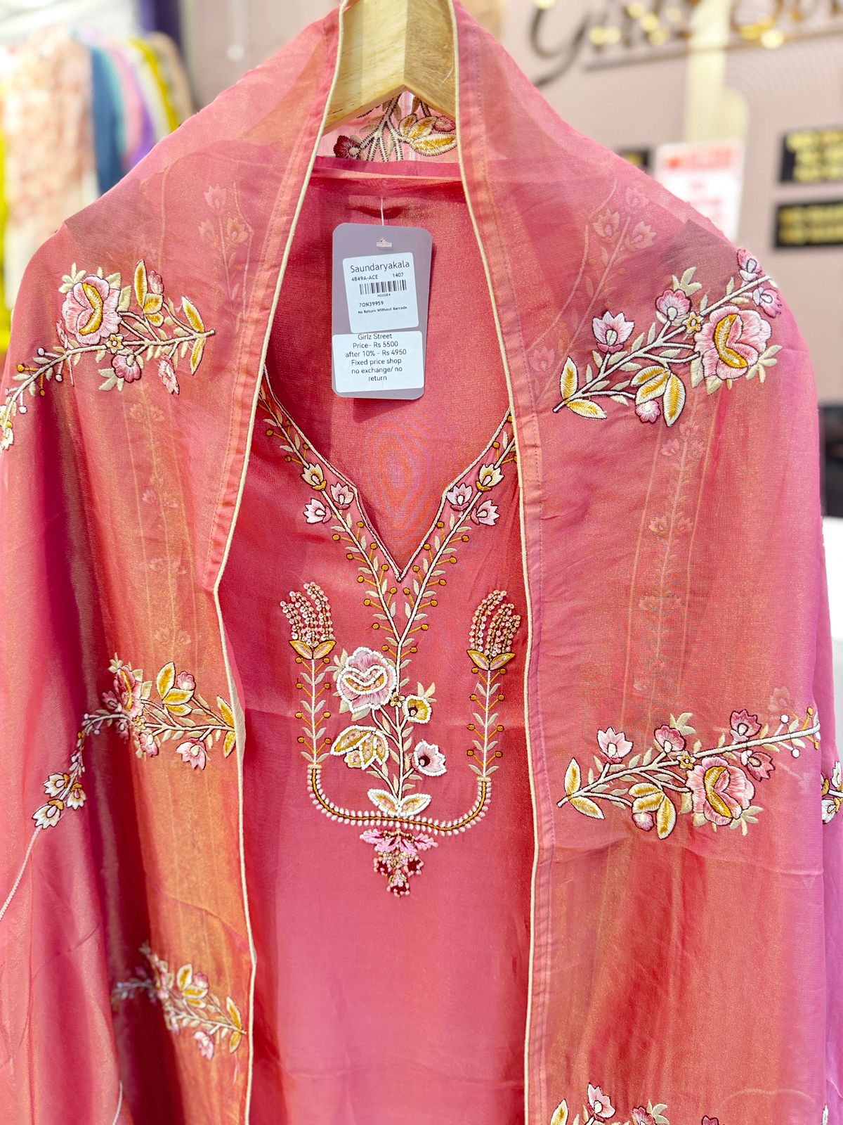 Peach Pink Unstitched Embroidered Suit with Dupatta