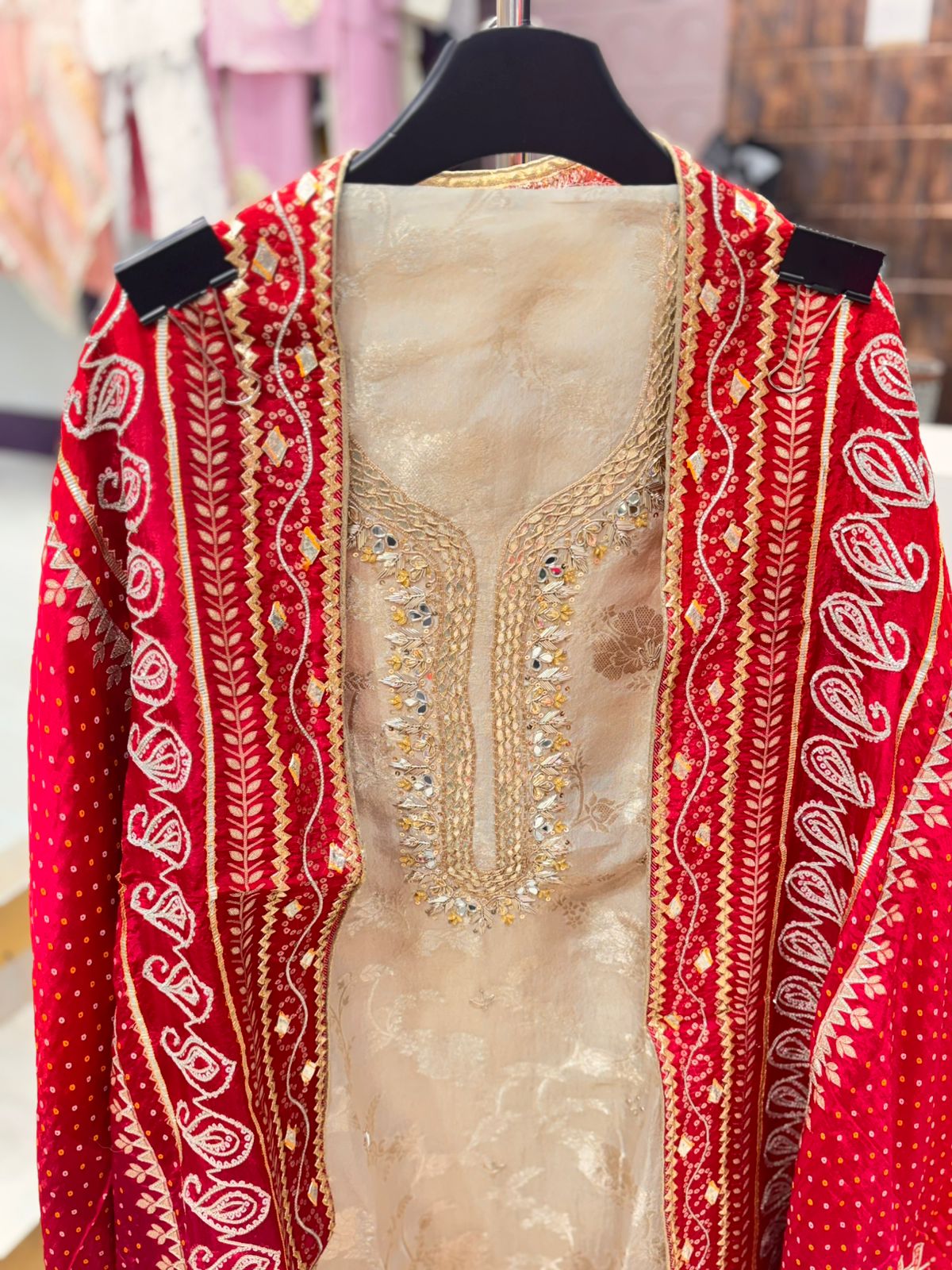 Elegant Unstitched Jacquard Suit with Bandhej Dupatta