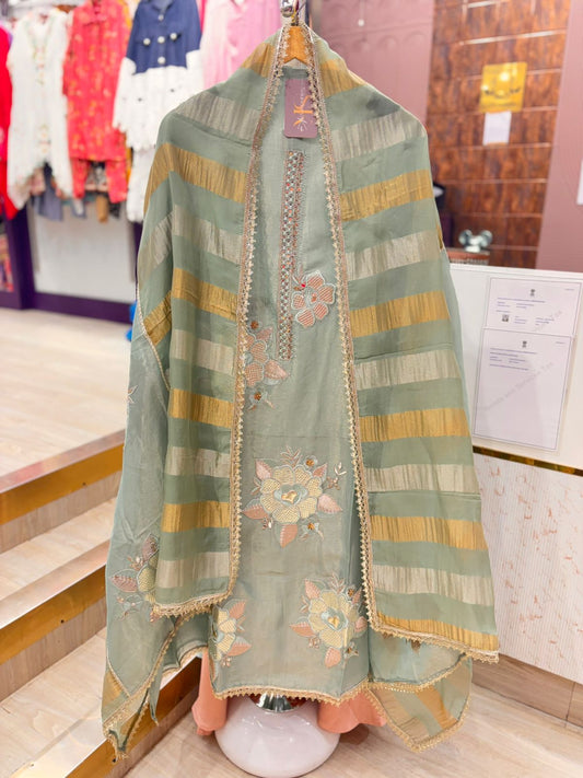 Pastel Green Unstitched Suit with Embroidery & Striped Dupatta