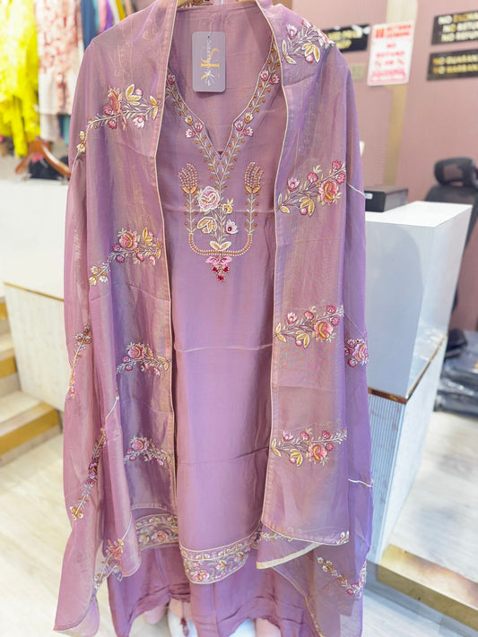 Lavender Unstitched Embroidered Suit with Dupatta