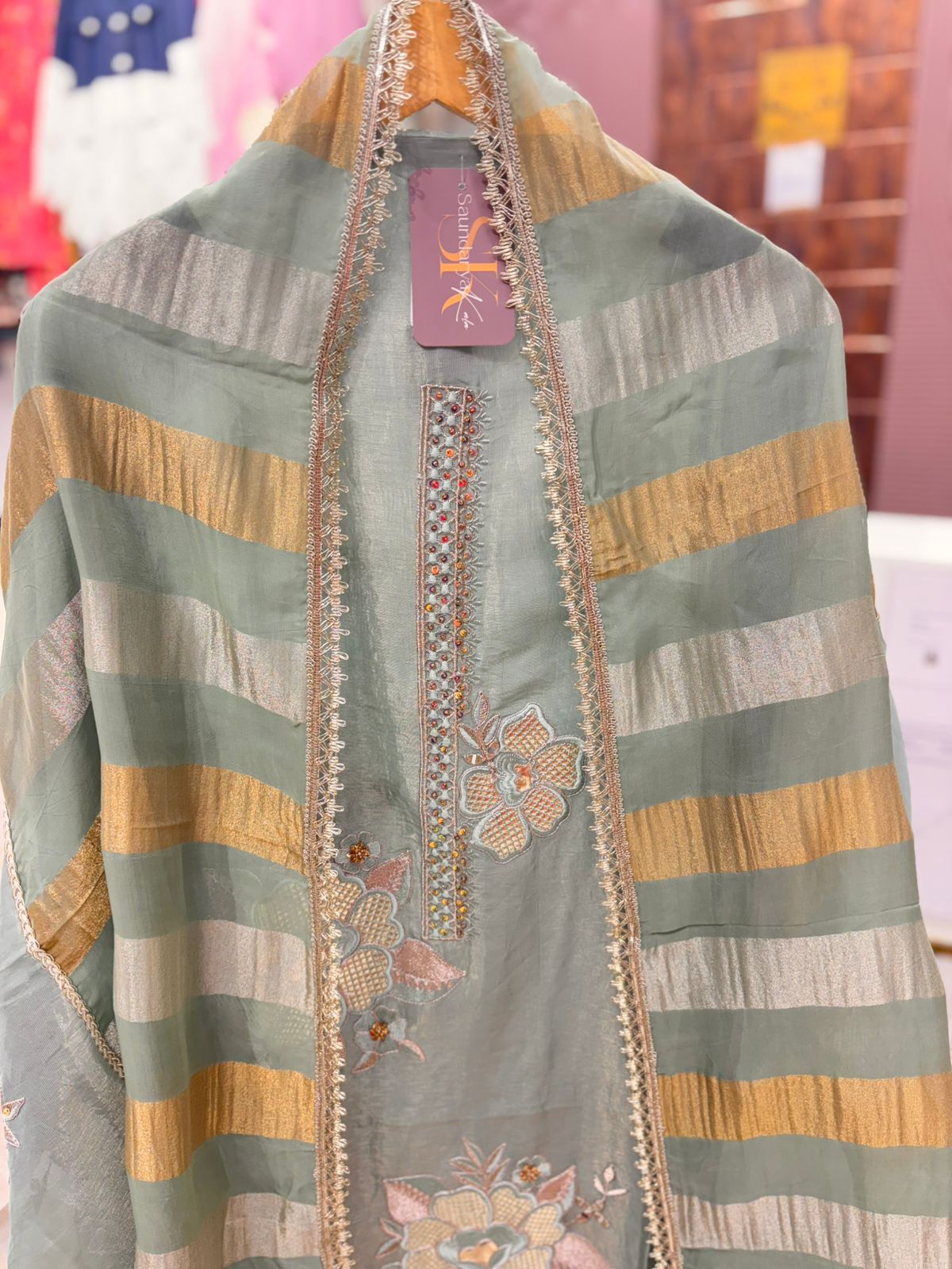 Pastel Green Unstitched Suit with Embroidery & Striped Dupatta