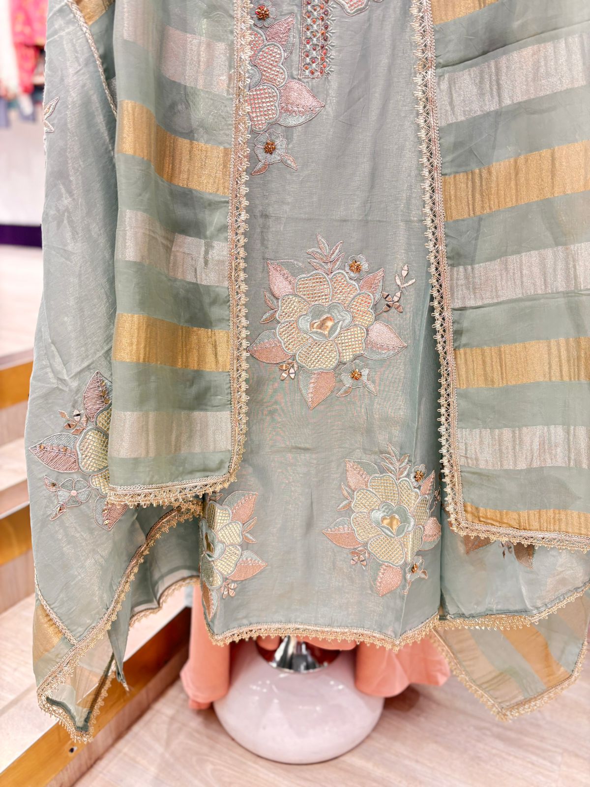 Pastel Green Unstitched Suit with Embroidery & Striped Dupatta