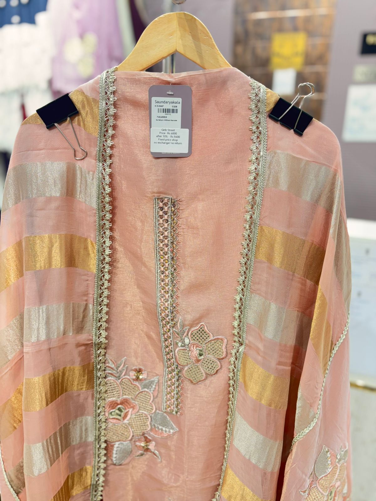 Pastel Pink Unstitched Suit with Embroidery & Striped Dupatta
