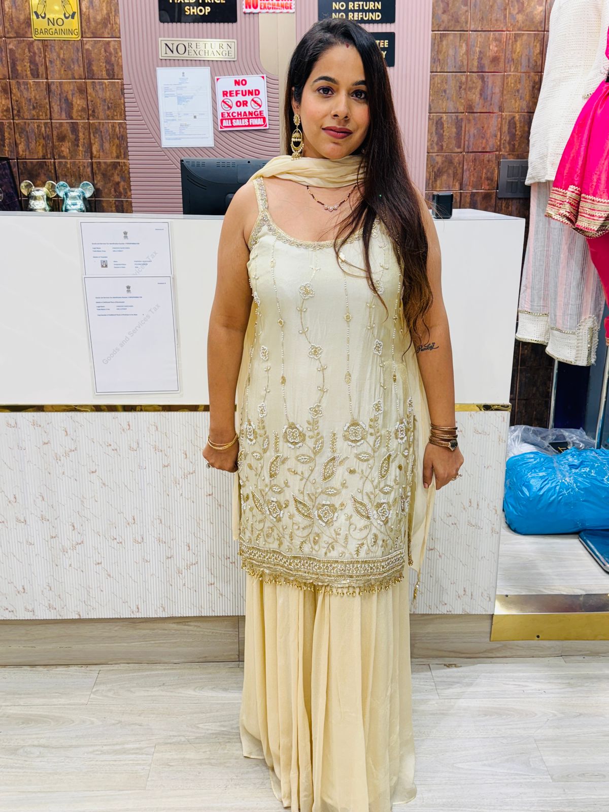 Gold Embroidered Sharara Suit with Pearl Detailing