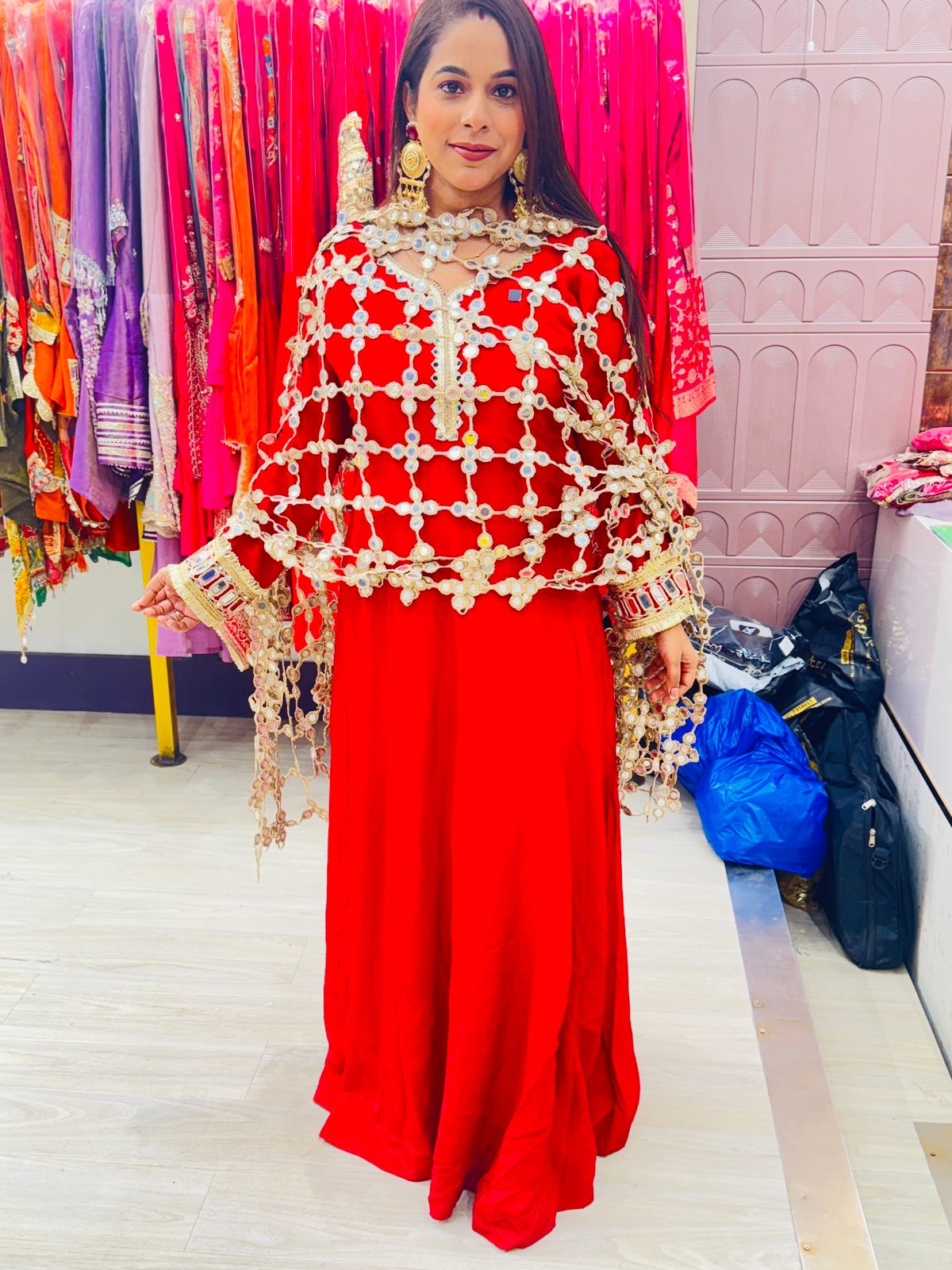 "Zehrin"- 2 Piece Red Mirror Work Anarkali Set with Mirror Work Jaal Dupatta