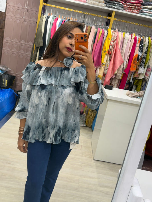 "Bulbul" - Tie-Dye Off-Shoulder Ruffle Top With Neckband (Available in 4 colours)