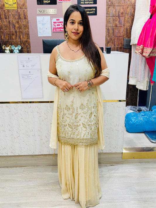 Gold Embroidered Sharara Suit with Pearl Detailing