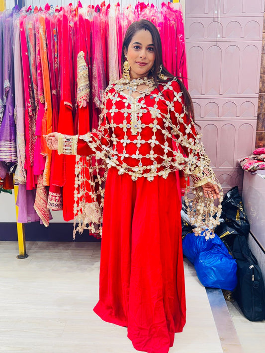 "Zehrin"- 2 Piece Red Mirror Work Anarkali Set with Mirror Work Jaal Dupatta