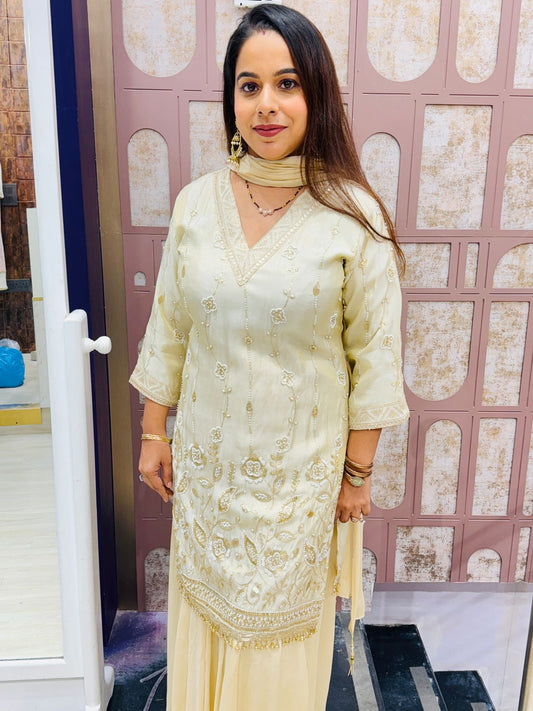 Golden Beige V-Neck Embroidered Sharara Suit with Sequin Detailing
