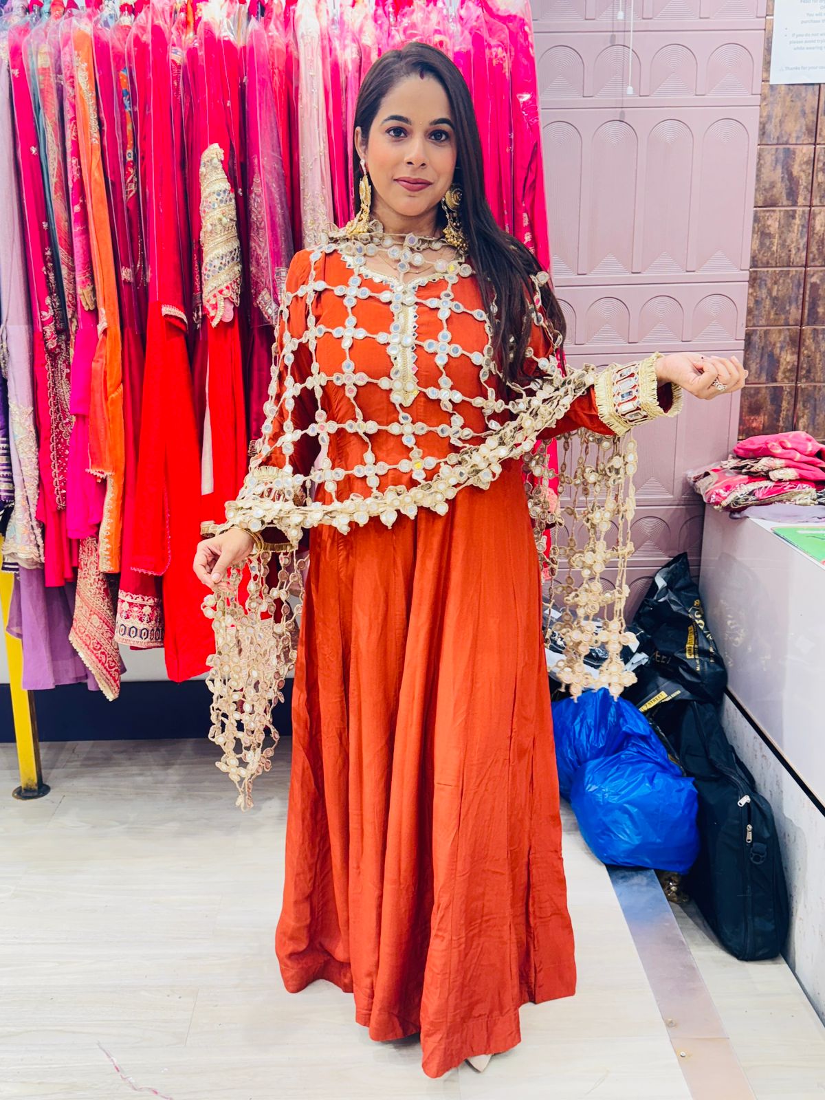 "Zehrin Rust"- 2 Piece Rust Brown Mirror Work Anarkali Set with Mirror Work Jaal Dupatta