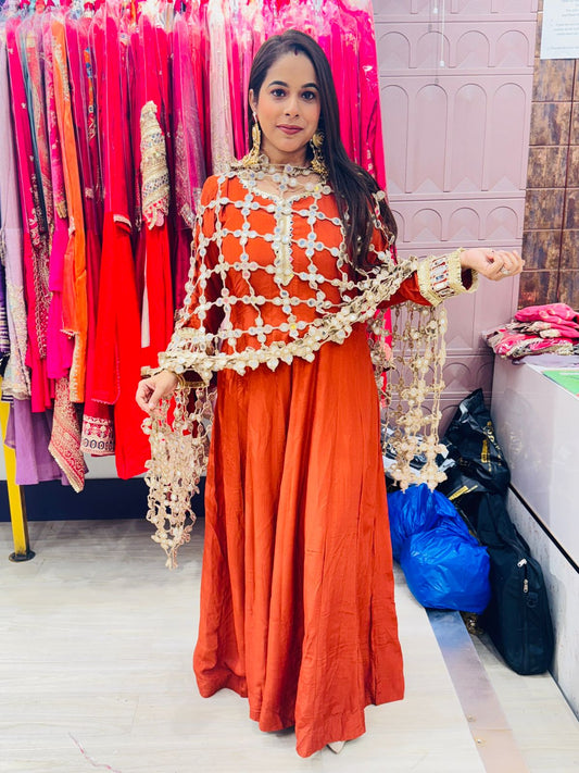"Zehrin Rust"- 2 Piece Rust Brown Mirror Work Anarkali Set with Mirror Work Jaal Dupatta