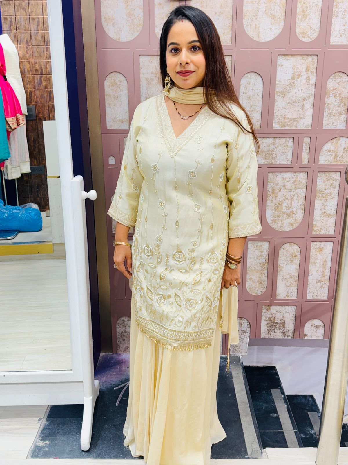 Golden Beige V-Neck Embroidered Sharara Suit with Sequin Detailing