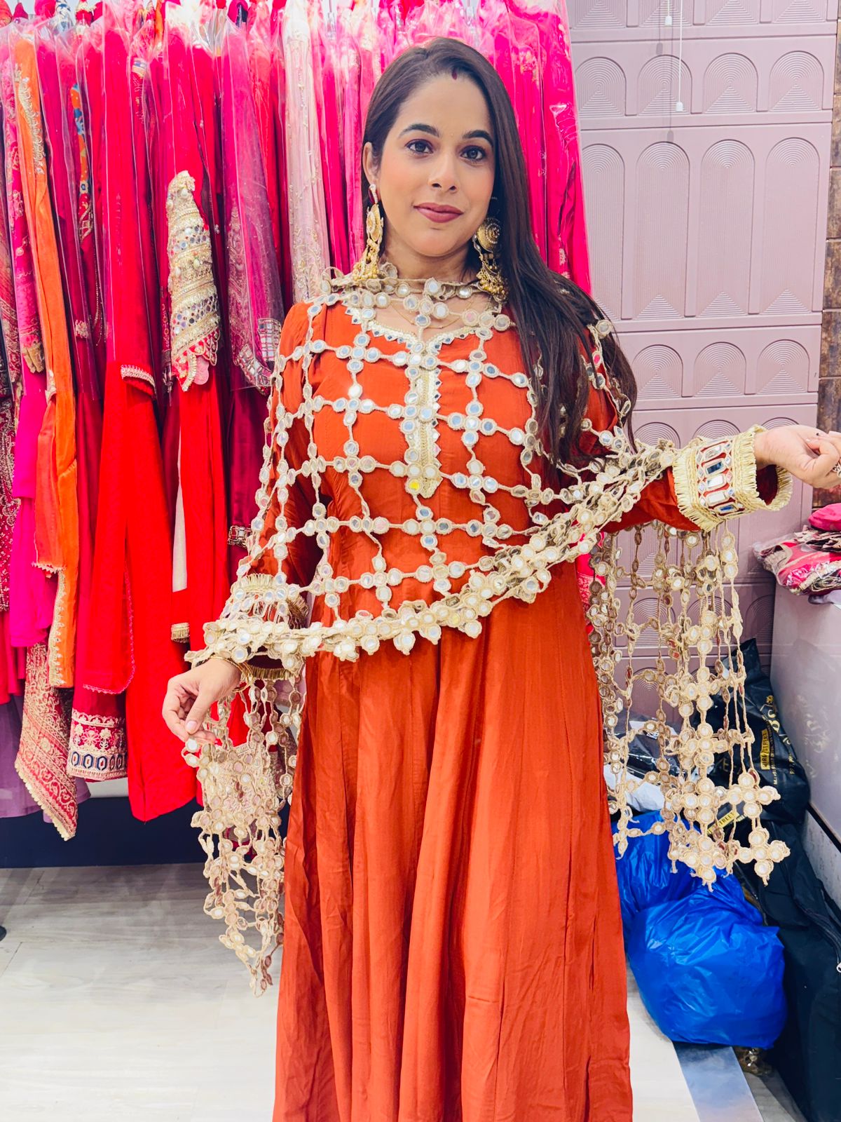 "Zehrin Rust"- 2 Piece Rust Brown Mirror Work Anarkali Set with Mirror Work Jaal Dupatta