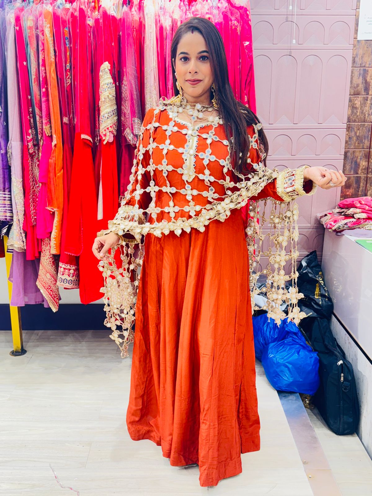 "Zehrin Rust"- 2 Piece Rust Brown Mirror Work Anarkali Set with Mirror Work Jaal Dupatta