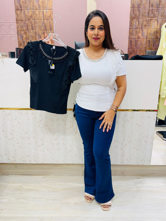 Embellished Neck Ruffle Top