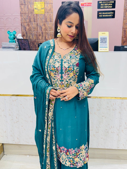 Teal Green Floral Embroidered Sharara Set with Dupatta